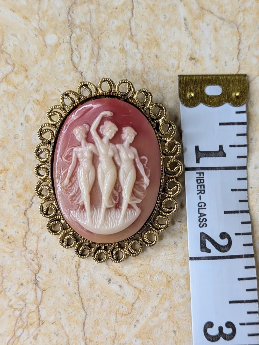 Vintage Cameo Pink 3 Graces Dancing Women Gold Tone Filigree Brooch Pin